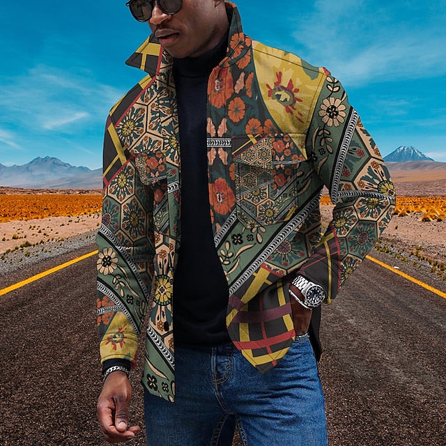 Men's Coat Breathable Outdoor Single Breasted Floral 3D Printed Graphic Turndown Sporty Jacket Outerwear Long Sleeve Print Spring