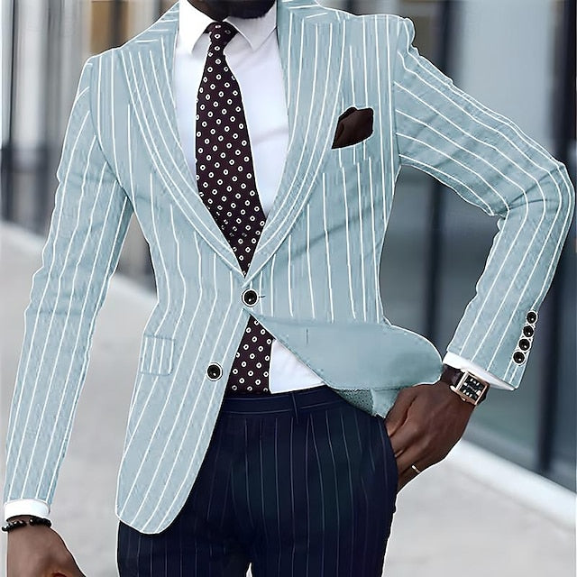 Men's Blazer Business Cocktail Party Wedding Party Fashion Casual Spring & Fall Polyester Stripes Button Pocket Comfortable Single Breasted Blazer Black White Yellow Pink