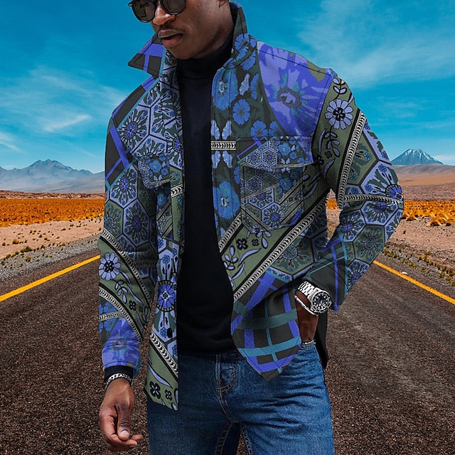 Men's Coat Breathable Outdoor Single Breasted Floral 3D Printed Graphic Turndown Sporty Jacket Outerwear Long Sleeve Print Spring
