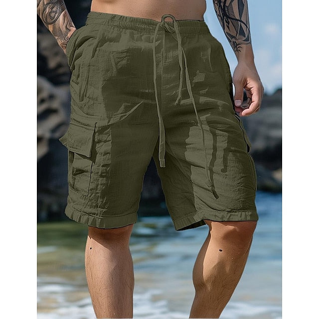 Men's Shorts Linen Shorts Summer Shorts Beach Shorts Drawstring Elastic Waist Multi Pocket Plain Knee Length Outdoor Beach Hawaiian Casual ArmyGreen Black Inelastic