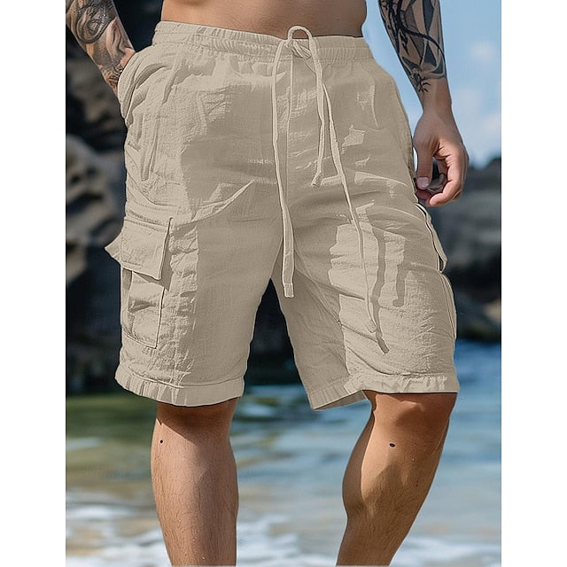 Men's Shorts Linen Shorts Summer Shorts Beach Shorts Drawstring Elastic Waist Multi Pocket Plain Knee Length Outdoor Beach Hawaiian Casual ArmyGreen Black Inelastic