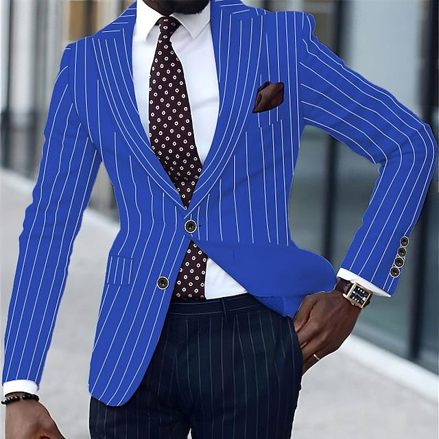 Men's Blazer Business Cocktail Party Wedding Party Fashion Casual Spring & Fall Polyester Stripes Button Pocket Comfortable Single Breasted Blazer Black White Yellow Pink