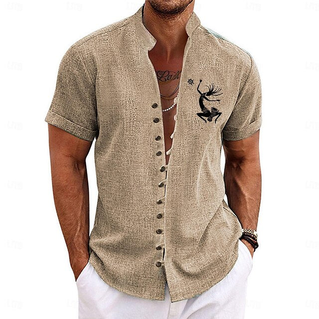 Casual Tribal Men's Shirt Kokopelli Ethnic Holiday Summer Spring Stand Collar Short Sleeve Blue, Brown, Green S, M, L Polyester Shirt