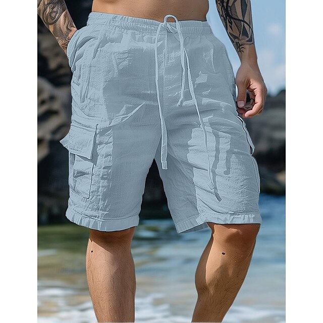 Men's Shorts Linen Shorts Summer Shorts Beach Shorts Drawstring Elastic Waist Multi Pocket Plain Knee Length Outdoor Beach Hawaiian Casual ArmyGreen Black Inelastic