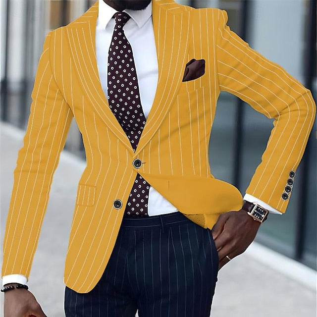 Men's Blazer Business Cocktail Party Wedding Party Fashion Casual Spring & Fall Polyester Stripes Button Pocket Comfortable Single Breasted Blazer Black White Yellow Pink