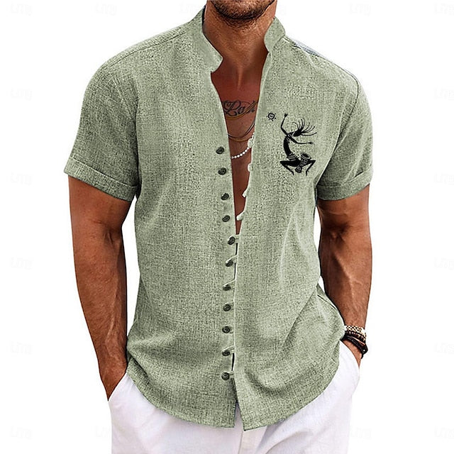 Casual Tribal Men's Shirt Kokopelli Ethnic Holiday Summer Spring Stand Collar Short Sleeve Blue, Brown, Green S, M, L Polyester Shirt