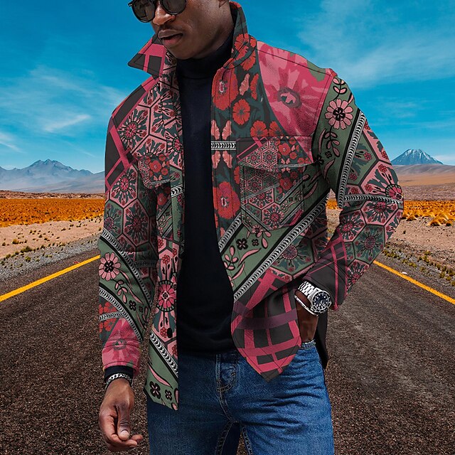 Men's Coat Breathable Outdoor Single Breasted Floral 3D Printed Graphic Turndown Sporty Jacket Outerwear Long Sleeve Print Spring