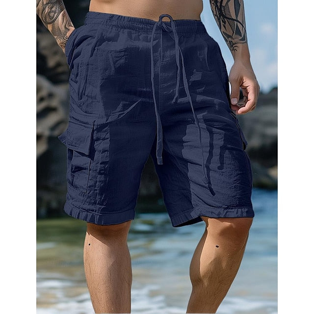 Men's Shorts Linen Shorts Summer Shorts Beach Shorts Drawstring Elastic Waist Multi Pocket Plain Knee Length Outdoor Beach Hawaiian Casual ArmyGreen Black Inelastic