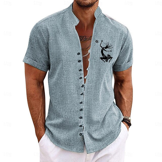 Casual Tribal Men's Shirt Kokopelli Ethnic Holiday Summer Spring Stand Collar Short Sleeve Blue, Brown, Green S, M, L Polyester Shirt