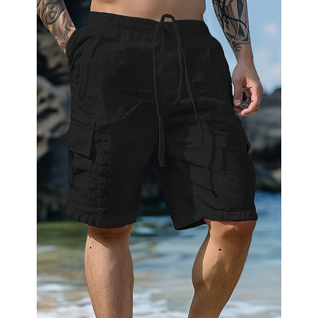 Men's Shorts Linen Shorts Summer Shorts Beach Shorts Drawstring Elastic Waist Multi Pocket Plain Knee Length Outdoor Beach Hawaiian Casual ArmyGreen Black Inelastic