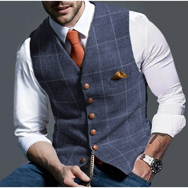Men's Vest Waistcoat Daily Wear Going out Vintage Fashion Spring & Fall Button Polyester Comfortable Plain Single Breasted Collarless Regular Fit Buff Light Grey Vest