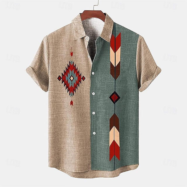 Men's 20%Linen+20%Cellulose+60%Polyester Shirt Tribal Southwestern Print Short Sleeve Turndown Pink, Blue, khaki Shirt Daily