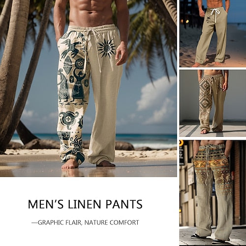 Men's 20%Linen+20%Cellulose+60%Polyester Shirt Tribal Southwestern Print Short Sleeve Turndown Pink, Blue, khaki Shirt Daily