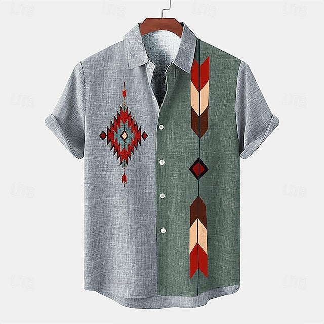 Men's 20%Linen+20%Cellulose+60%Polyester Shirt Tribal Southwestern Print Short Sleeve Turndown Pink, Blue, khaki Shirt Daily