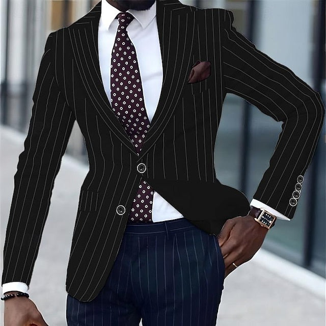Men's Blazer Business Cocktail Party Wedding Party Fashion Casual Spring & Fall Polyester Stripes Button Pocket Comfortable Single Breasted Blazer Black White Yellow Pink