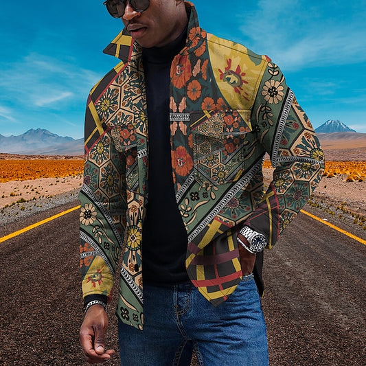 Men's Coat Breathable Outdoor Single Breasted Floral 3D Printed Graphic Turndown Sporty Jacket Outerwear Long Sleeve Print Spring