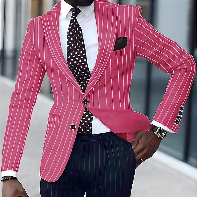 Men's Blazer Business Cocktail Party Wedding Party Fashion Casual Spring &  Fall Polyester Stripes Button Pocket Comfortable Single Breasted Blazer Black White Yellow Pink