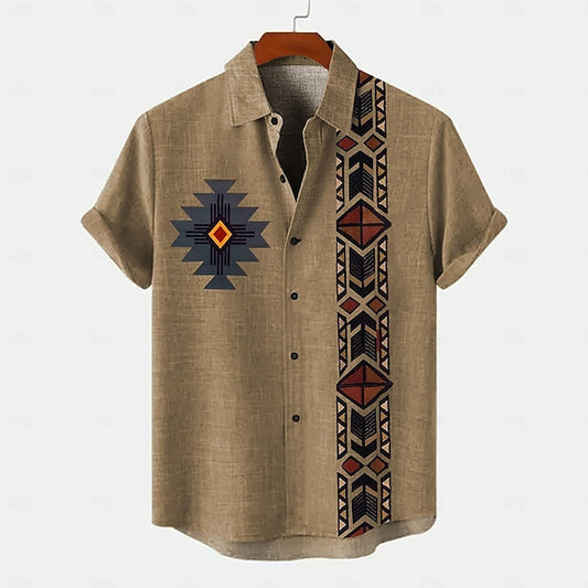 Men's Ethnic Shirt Holiday Casual Tribal Summer Spring Stand Collar Short Sleeve Green, khaki, Beige Shirt 18.6% Linen 63.2% Polyester 18.2% Cellulose Fiber