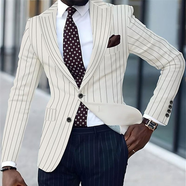 Men's Blazer Business Cocktail Party Wedding Party Fashion Casual Spring &  Fall Polyester Stripes Button Pocket Comfortable Single Breasted Blazer Black White Yellow Pink