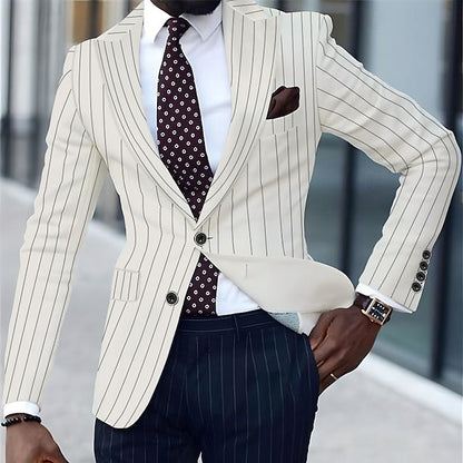 Men's Blazer Business Cocktail Party Wedding Party Fashion Casual Spring &  Fall Polyester Stripes Button Pocket Comfortable Single Breasted Blazer Black White Yellow Pink