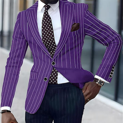 Men's Blazer Business Cocktail Party Wedding Party Fashion Casual Spring &  Fall Polyester Stripes Button Pocket Comfortable Single Breasted Blazer Black White Yellow Pink